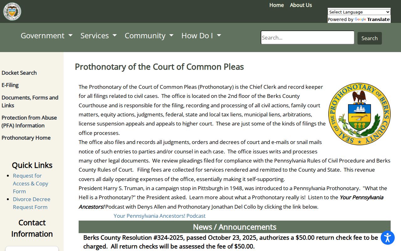 Reading residents directory Berks Prothonotary court-record access