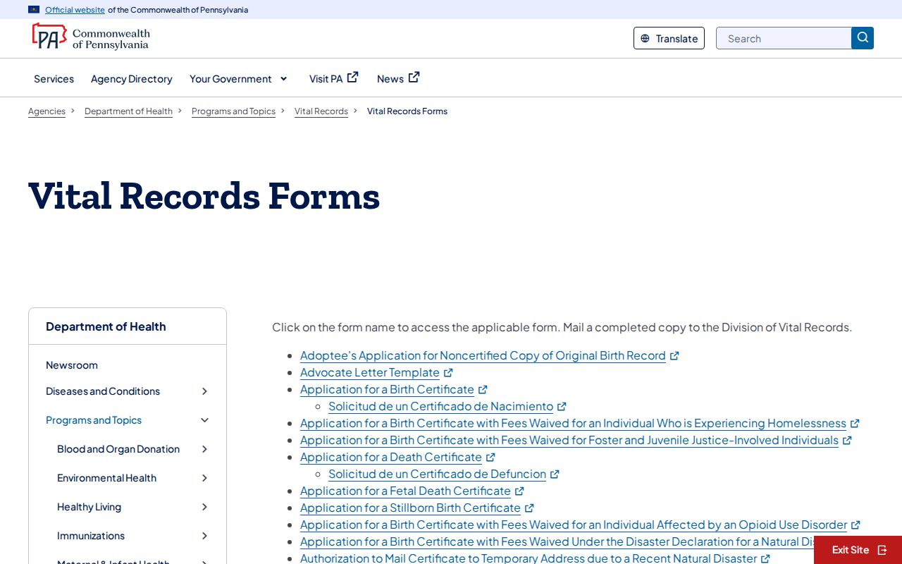 Reading residents directory Pennsylvania vital records forms
