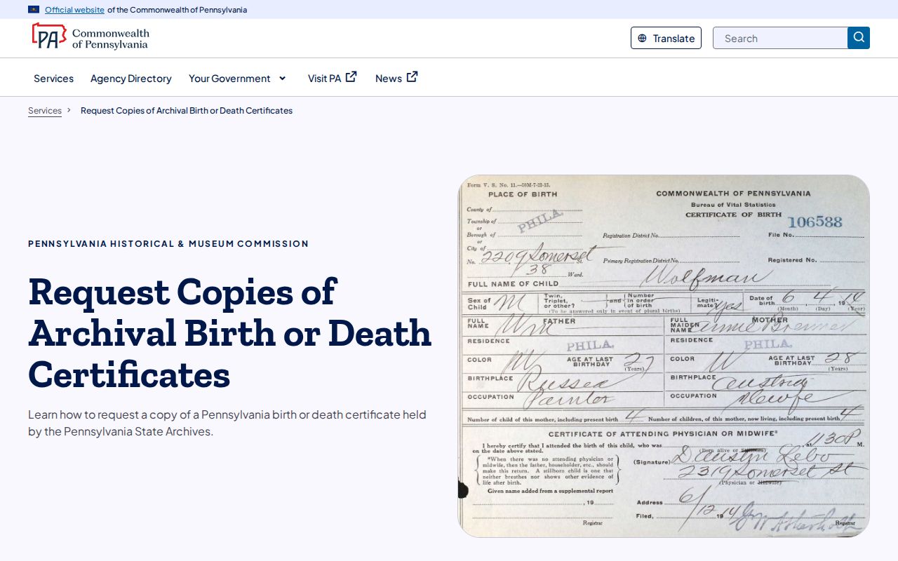 Reading resident lookup historical vital-record request at Pennsylvania State Archives