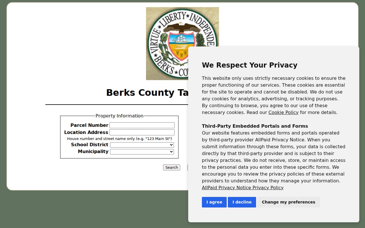 Reading ZIP code directory Berks County tax-payment search fields