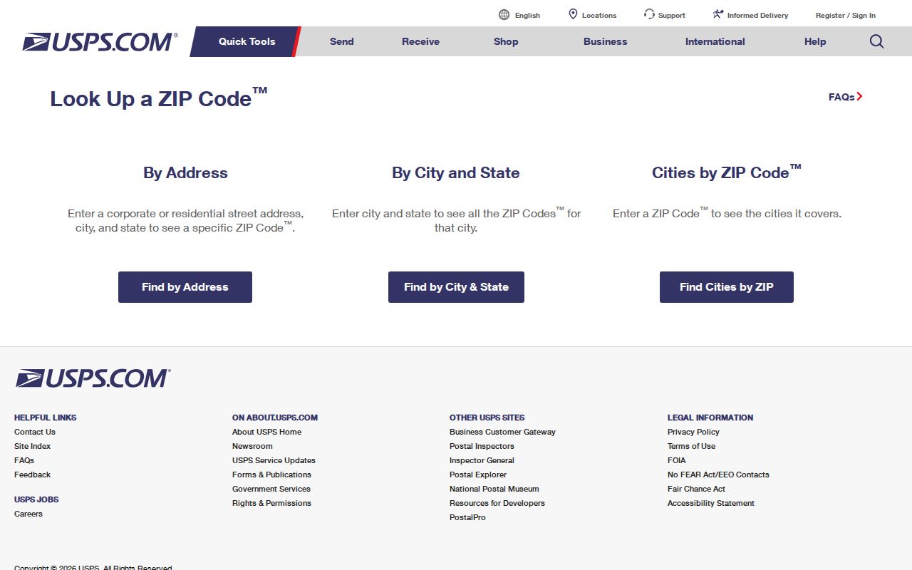 Reading ZIP code directory USPS ZIP Code Lookup screen